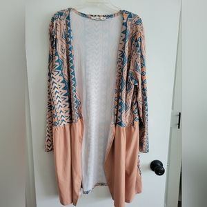 Sakurafiua Blue and Peach Ethnic/Tribal Print Long Cardigan 2XL